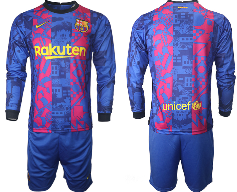 Men 2021-2022 Club Barcelona Second away blue Long Sleeve blank Soccer Jersey->barcelona jersey->Soccer Club Jersey